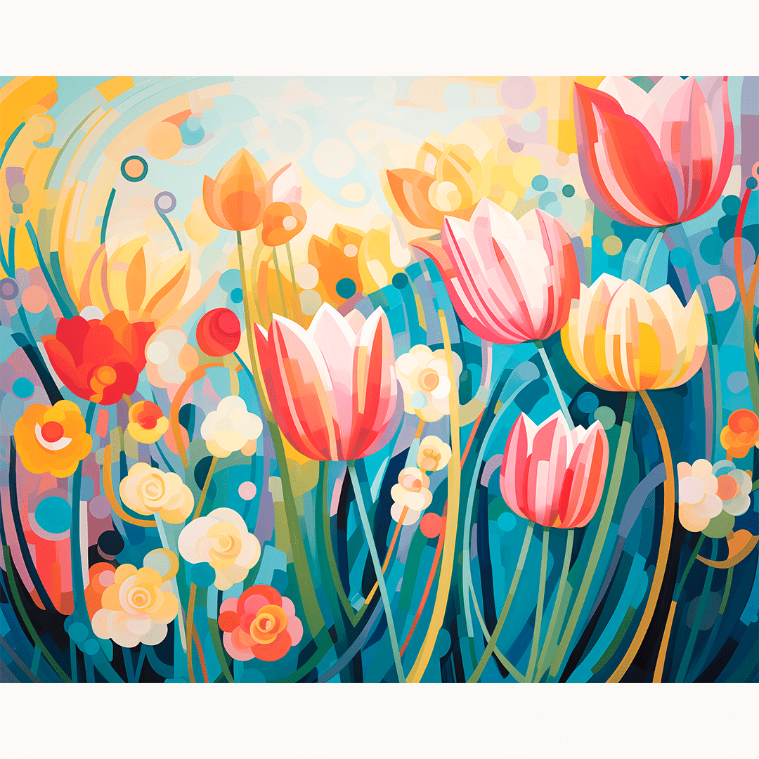 The image showcases a vibrant bouquet of flowers, which appear to be tulips, set against a backdrop of a clear sky adorned with fluffy clouds.