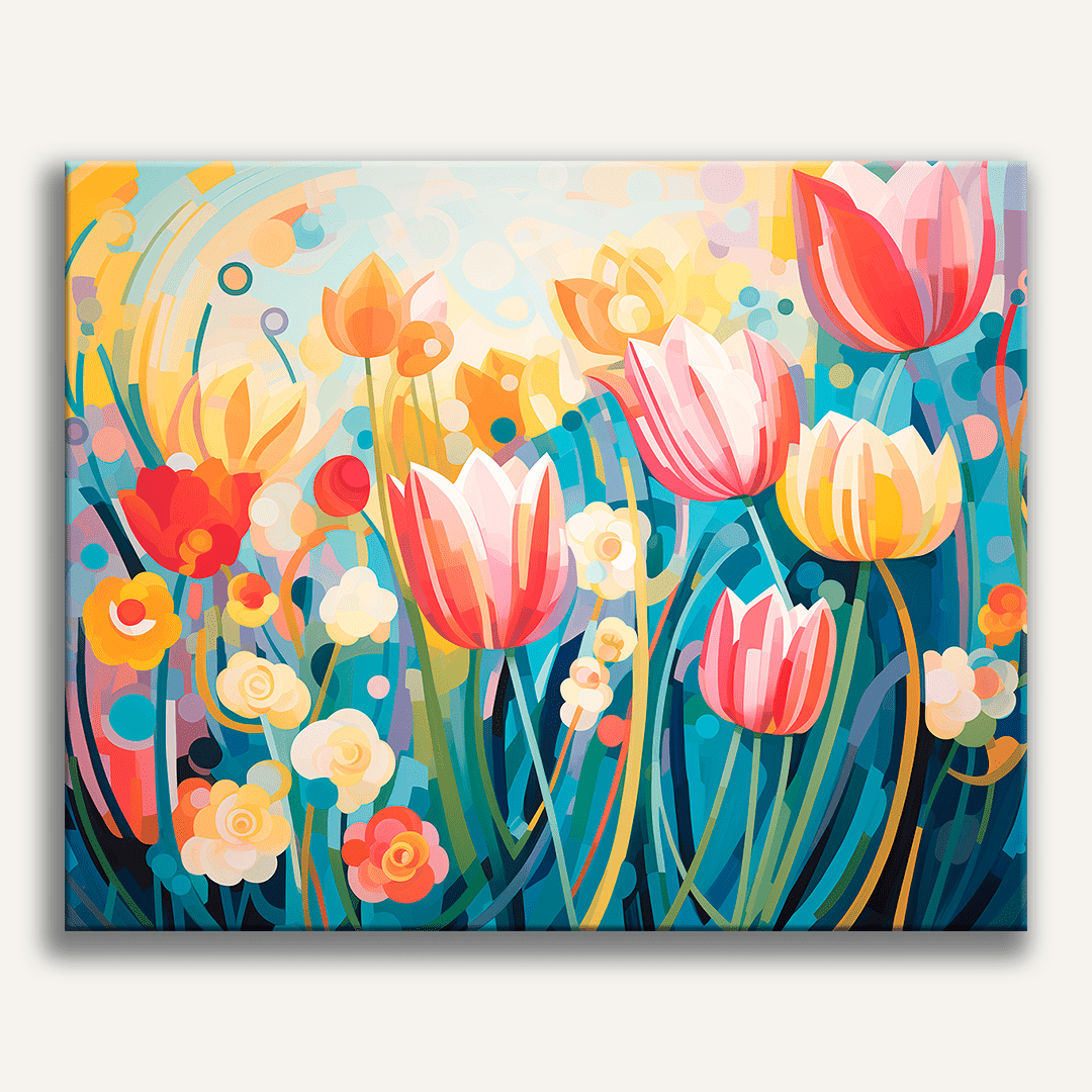 The image showcases a vibrant bouquet of flowers, which appear to be tulips, set against a backdrop of a clear sky adorned with fluffy clouds.