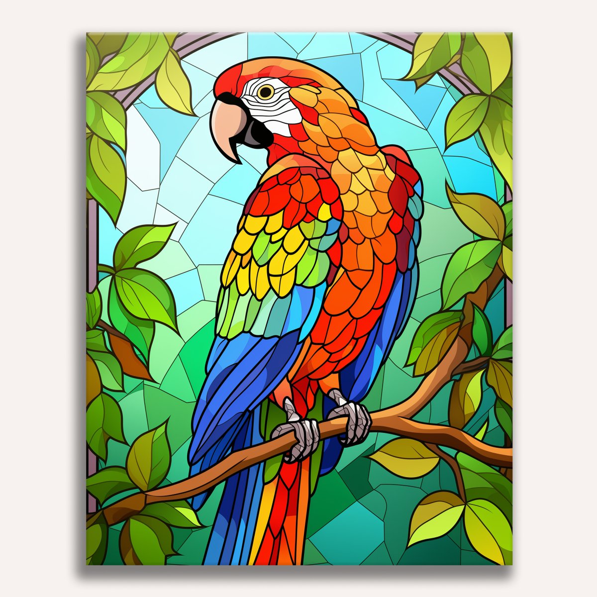 The image presents a vibrant parrot perched on a branch.
