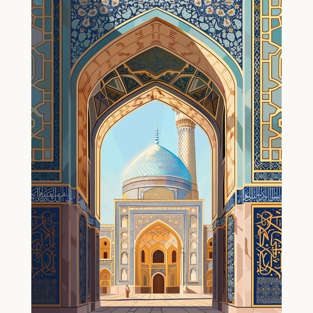 This image depicts a grand architectural structure that appears to be a traditional Islamic mosque or minaret.