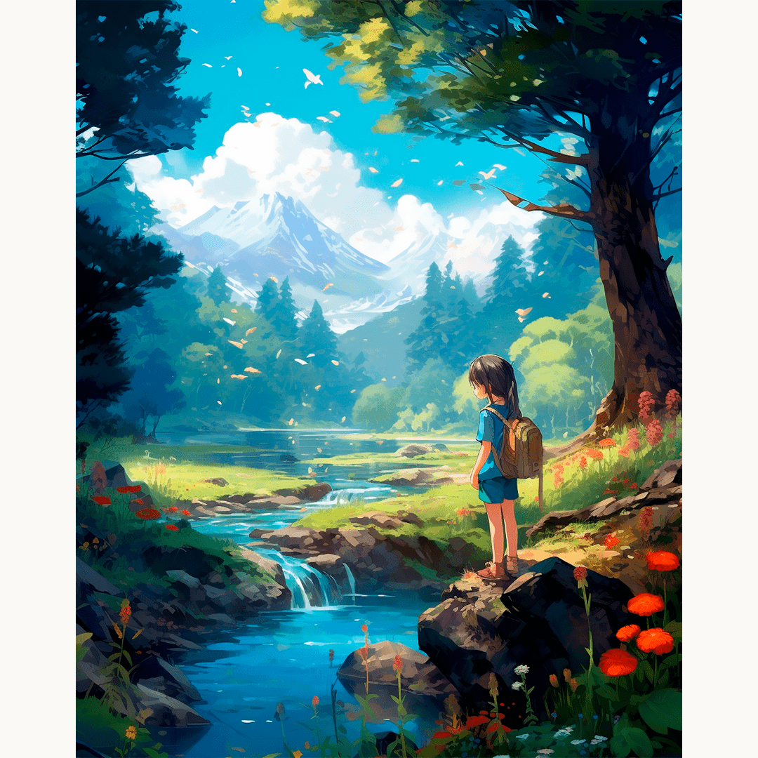 A digital illustration showcases a tranquil scene in a forested area by a river, under a cloudy sky.