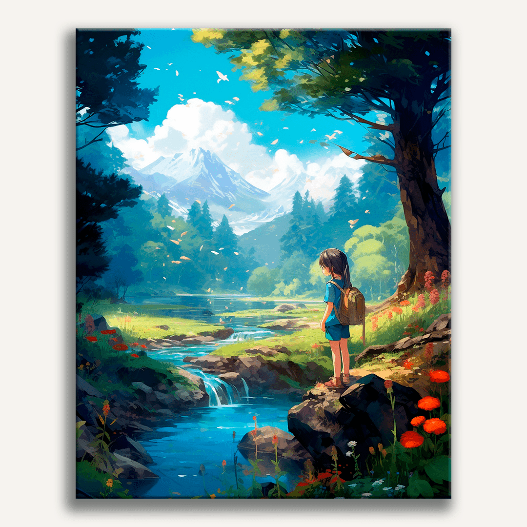A digital illustration showcases a tranquil scene in a forested area by a river, under a cloudy sky.