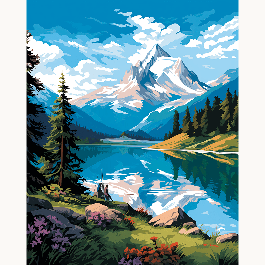 A vibrant landscape featuring a majestic mountain and tranquil lake under clear skies, set against lush greenery, with a hiker on a trail in the foreground..
