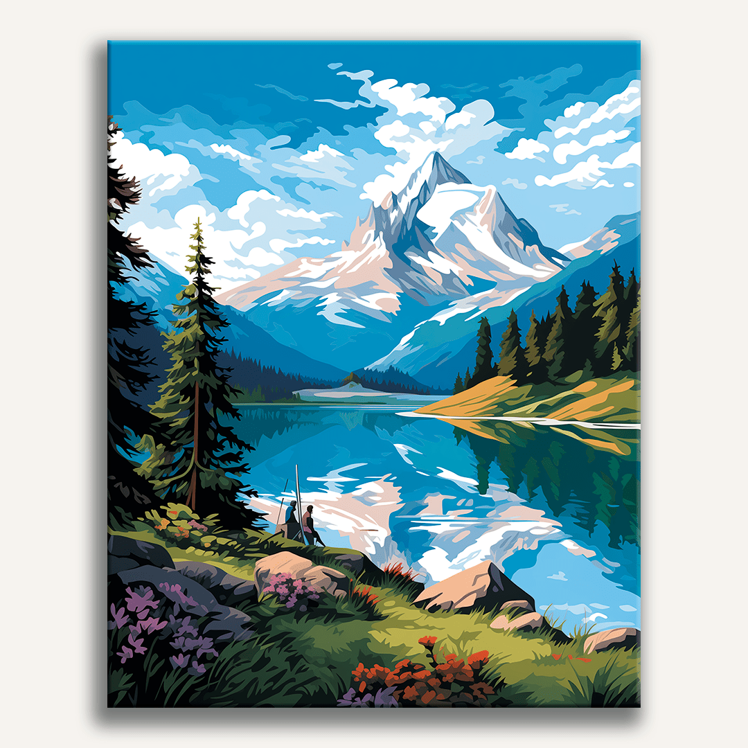A vibrant landscape featuring a majestic mountain and tranquil lake under clear skies, set against lush greenery, with a hiker on a trail in the foreground..