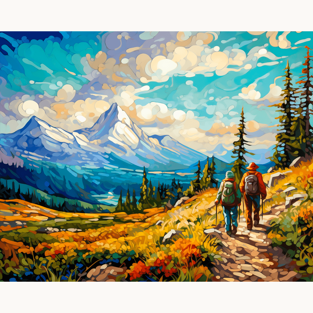 In the given painting, a landscape unfolds under a clear sky with fluffy clouds scattered across.