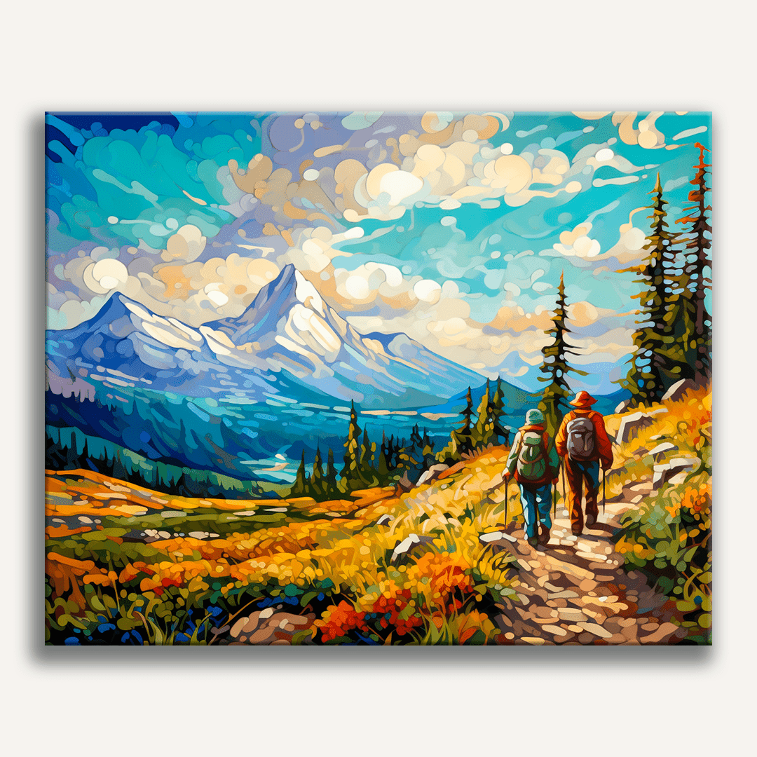 In the given painting, a landscape unfolds under a clear sky with fluffy clouds scattered across.