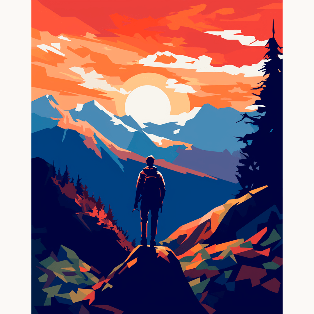 The image depicts a person standing on a rocky outcrop, looking towards a vibrant sunset or sunrise over a mountain range.