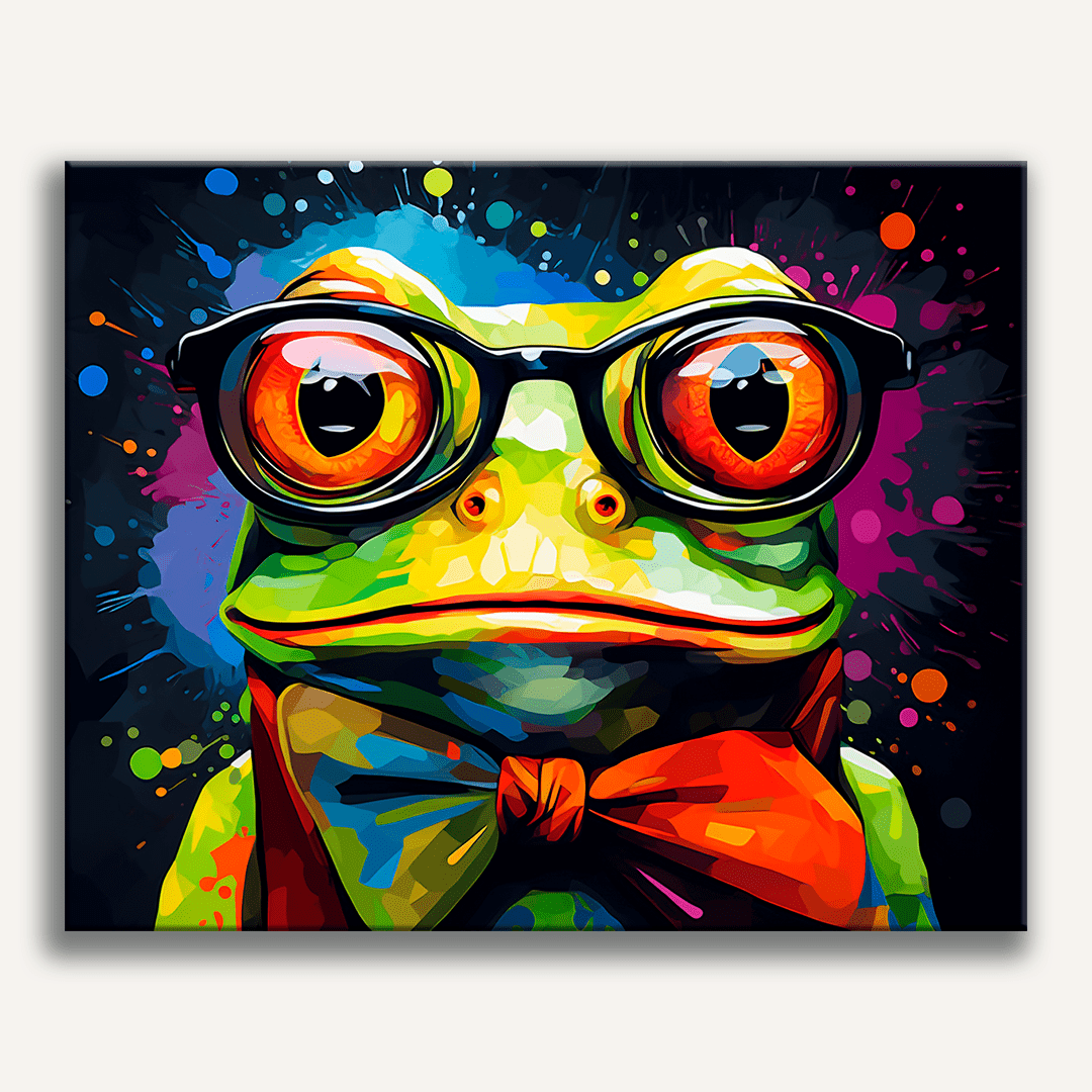 A colorful poster prominently features a cartoon frog wearing glasses and a bowtie, sporting a large orange eye and sitting amidst a burst of vibrant multicolored dots, giving an impression of fun or celebration..