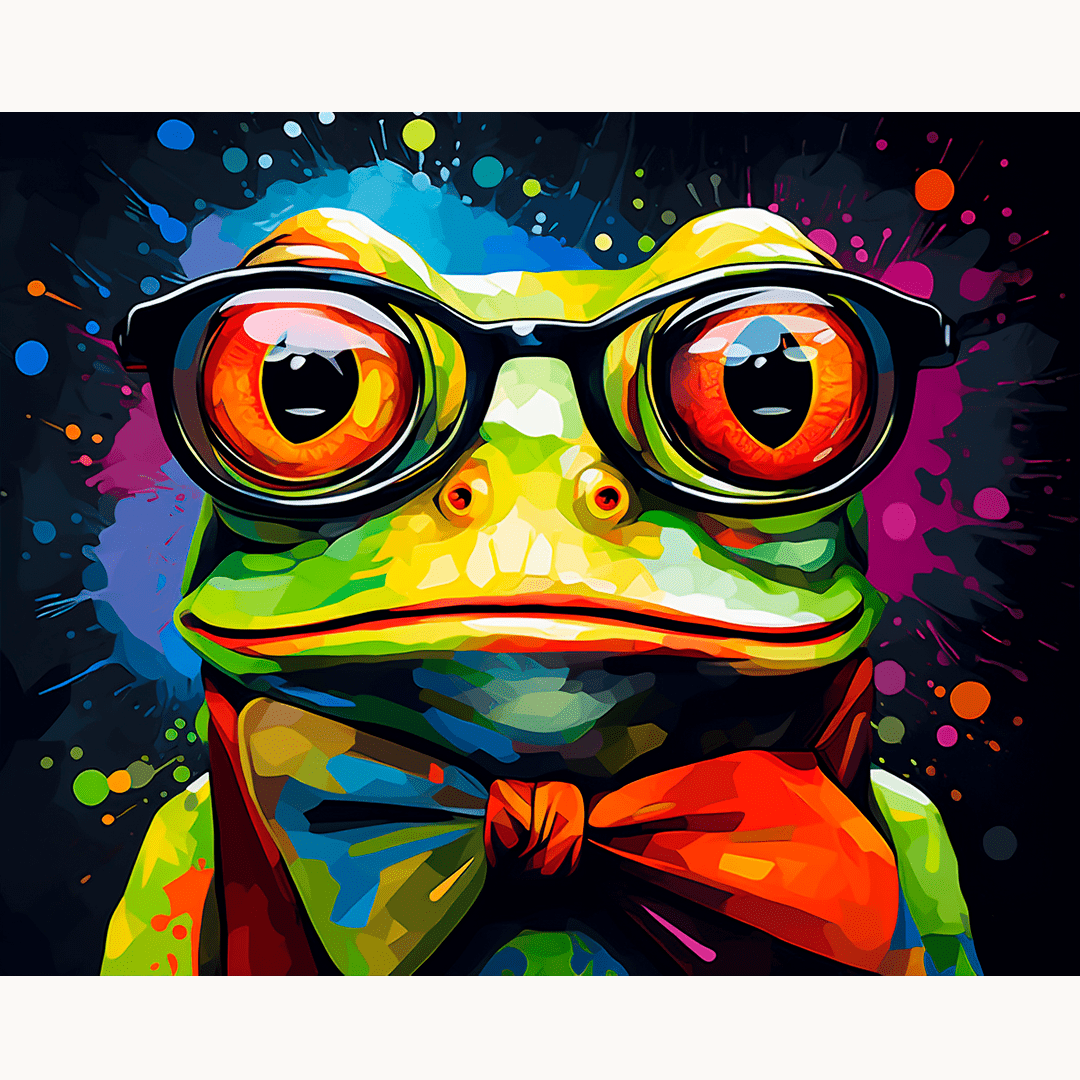 A colorful poster prominently features a cartoon frog wearing glasses and a bowtie, sporting a large orange eye and sitting amidst a burst of vibrant multicolored dots, giving an impression of fun or celebration..
