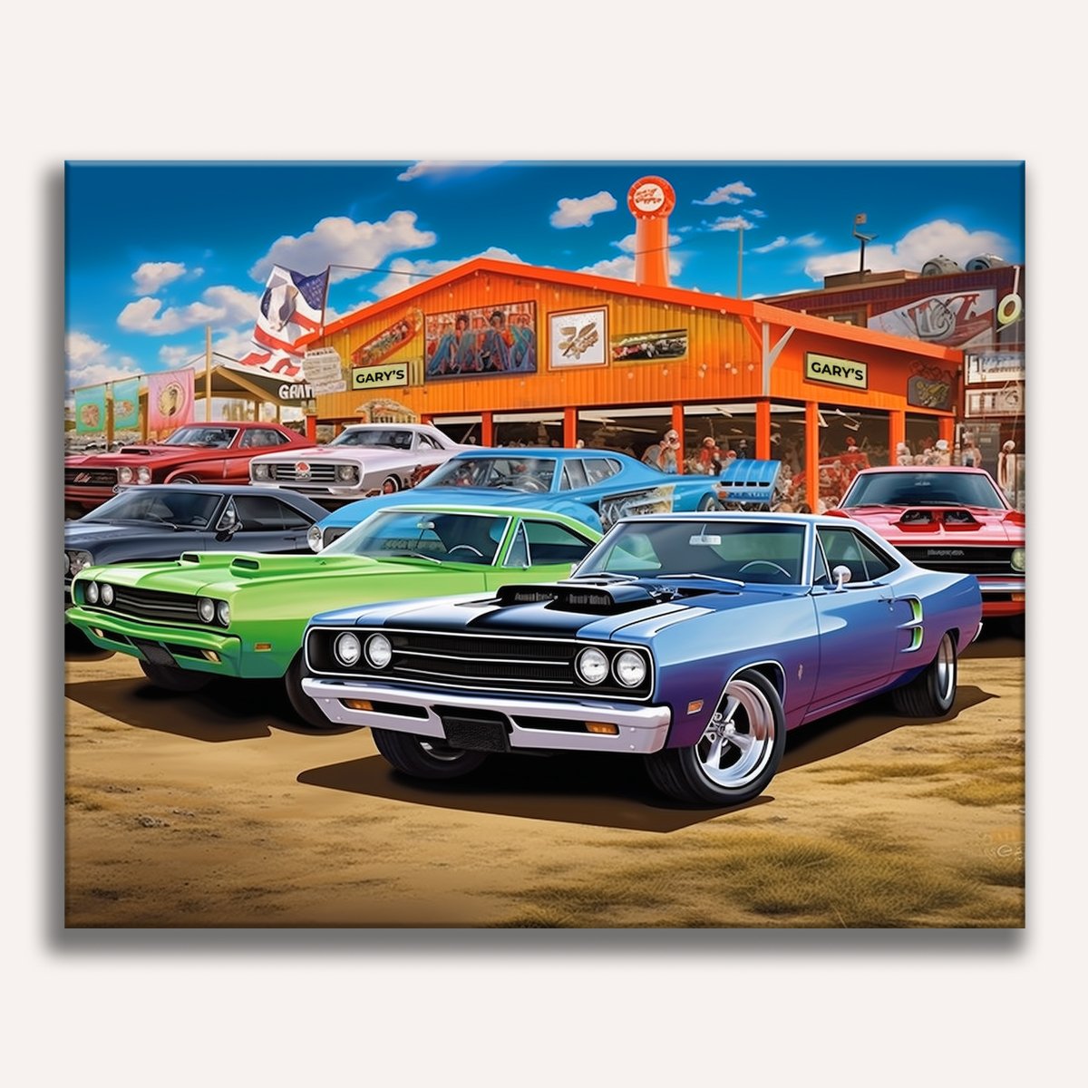 The image showcases a lineup of four distinct muscle cars parked side by side on a dirt surface, possibly at a racing event or a car show.