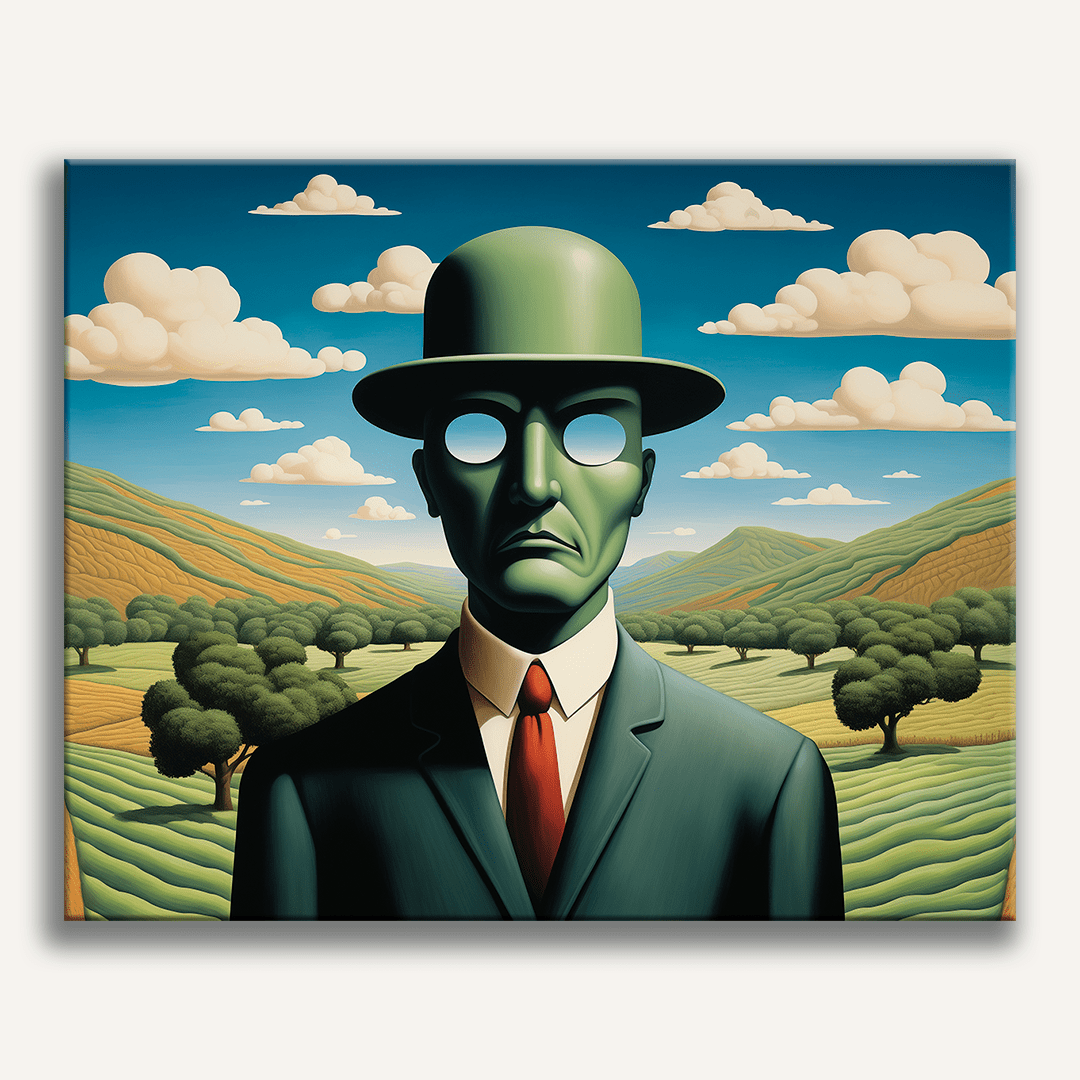 In the center of a verdant landscape under a clear blue sky, a man stands out due to his green suit and white hat.