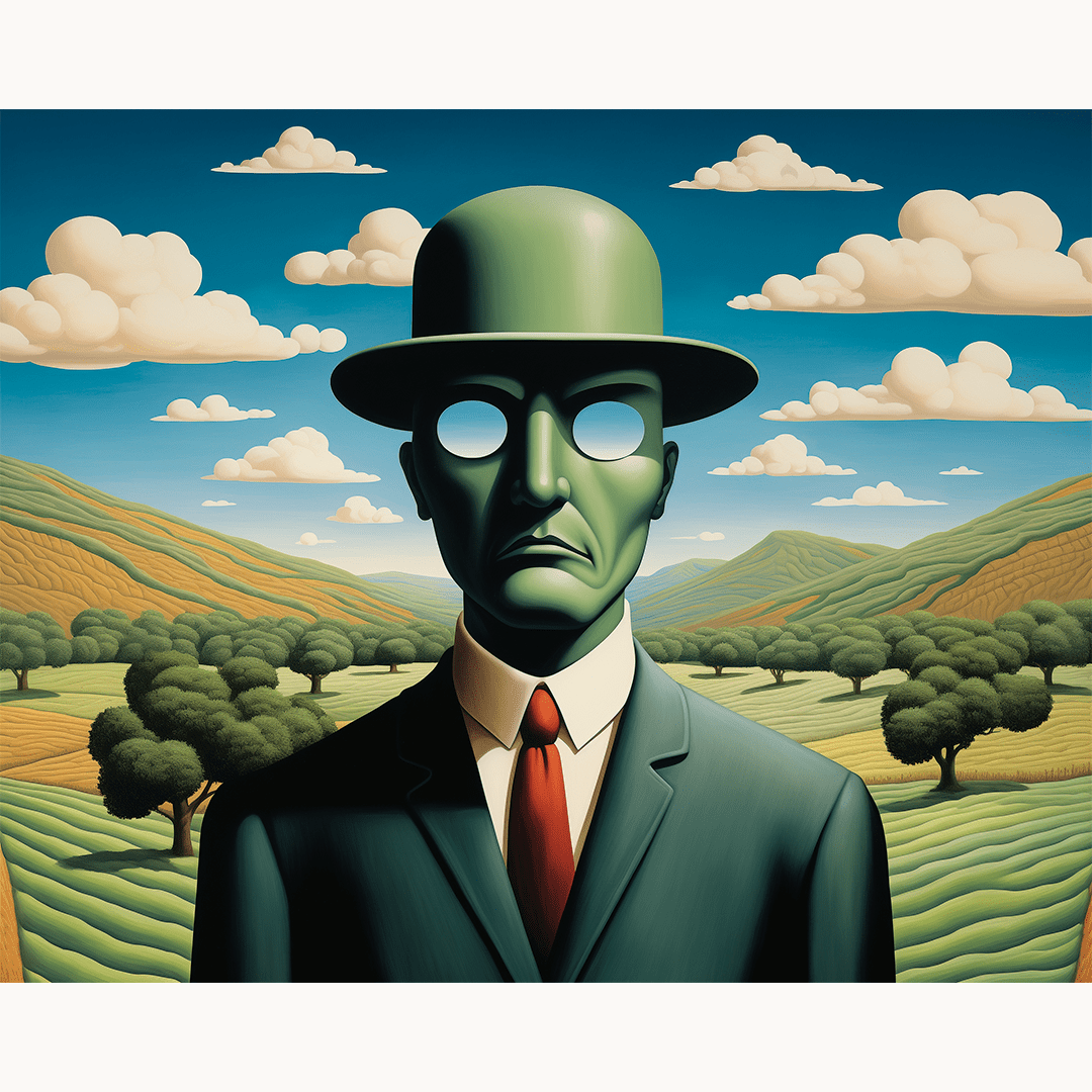 In the center of a verdant landscape under a clear blue sky, a man stands out due to his green suit and white hat.