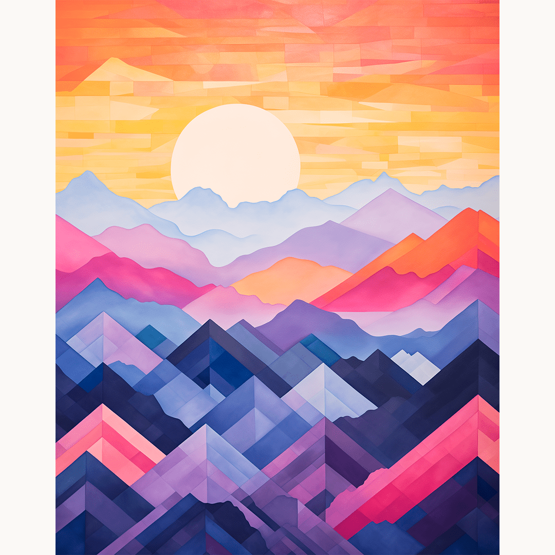 This image features a vibrant and colorful digital art piece that captures a sunset over a mountain range.