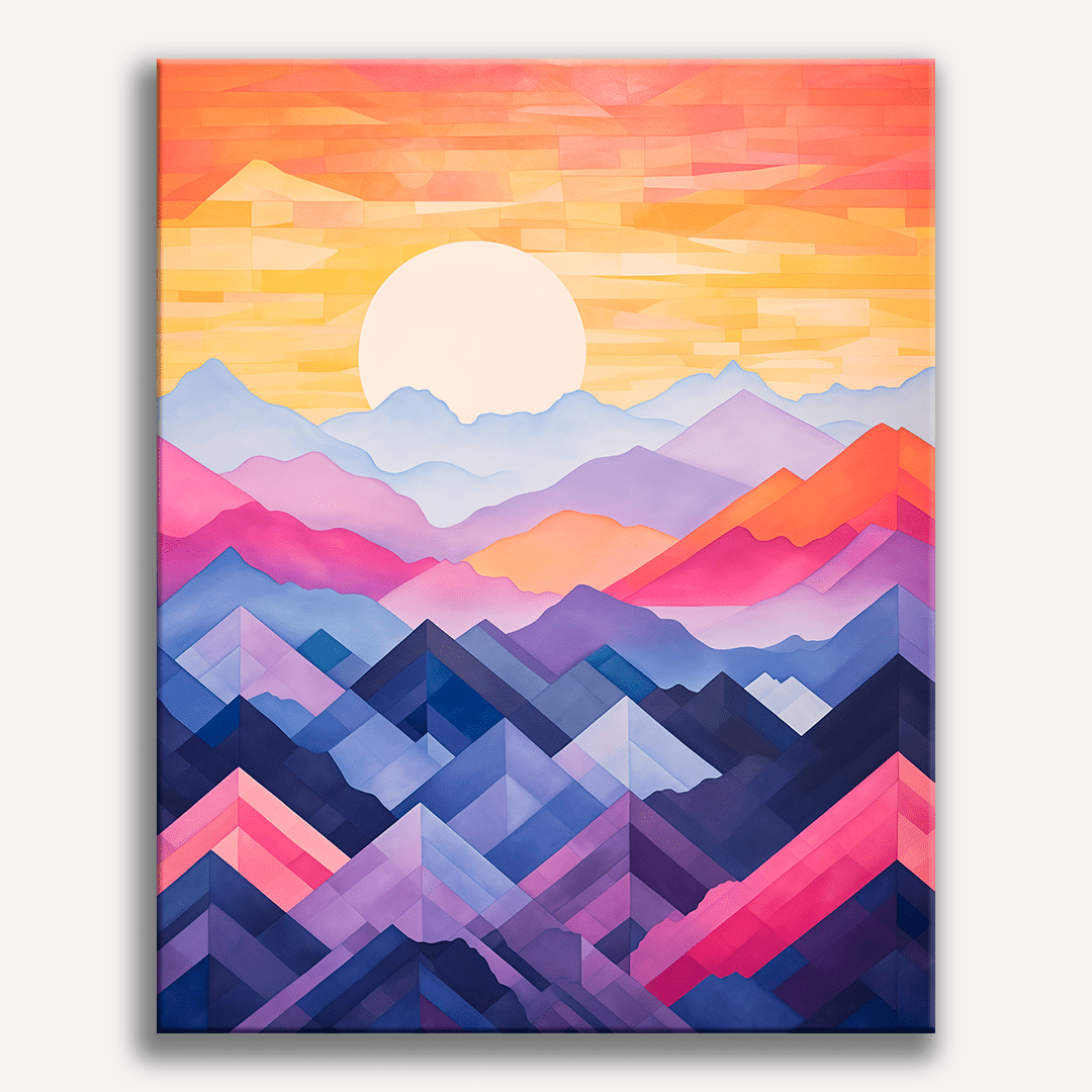 This image features a vibrant and colorful digital art piece that captures a sunset over a mountain range.