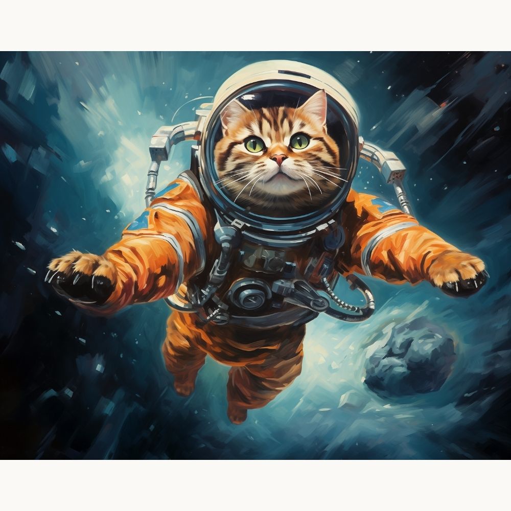 In the image, a cat, donned in an astronaut suit, appears to be floating in space with a backdrop of stars and a planet.