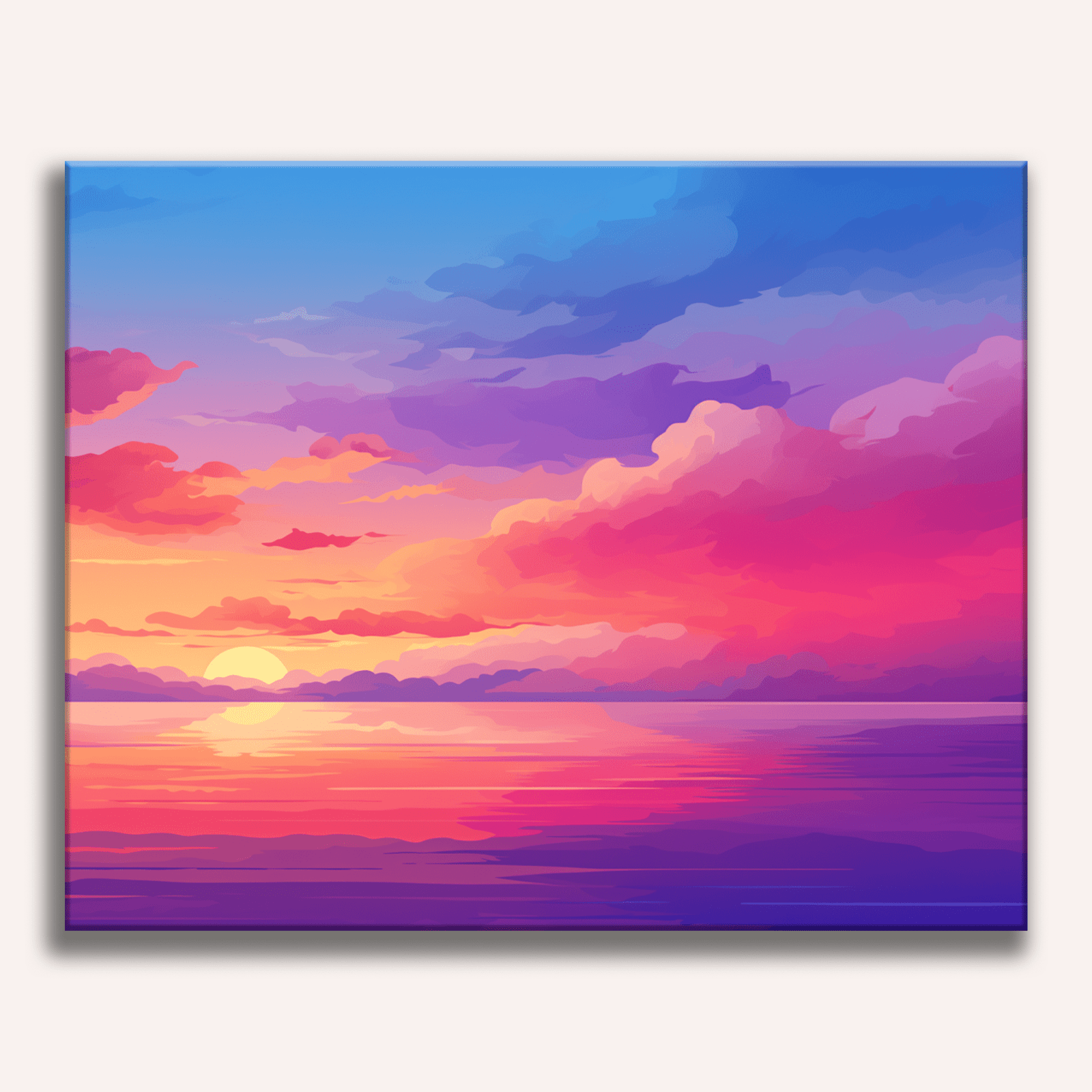 The image presents a serene sunset scene over a tranquil ocean.