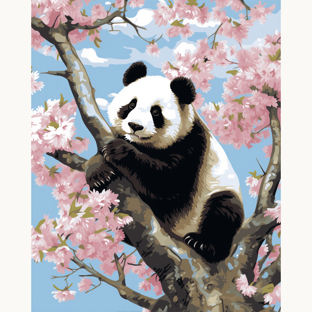 The image features a large, adult panda bear perched on a branch of a cherry blossom tree, which is situated against a clear blue sky..
