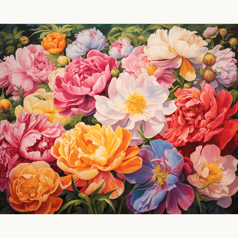 The image presents a vibrant and detailed canvas print featuring a bouquet of flowers.