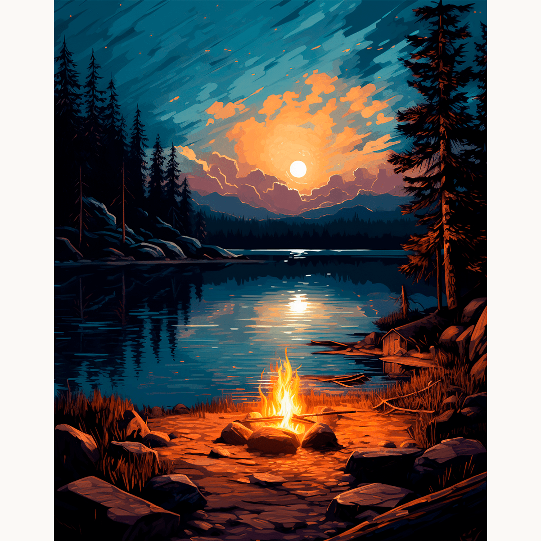 A scenic nighttime landscape showcases a serene lake surrounded by forested mountains under a starry sky.