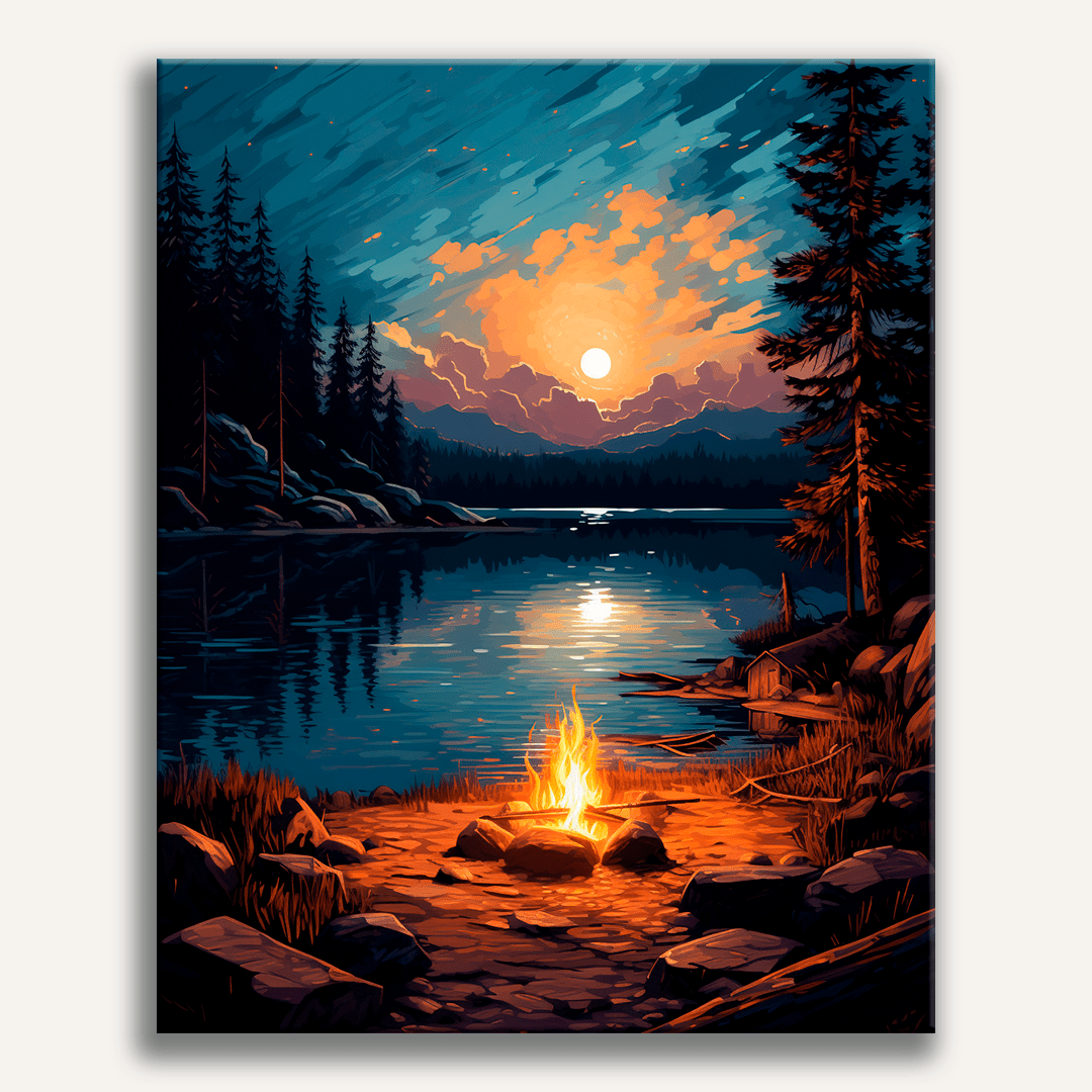 A scenic nighttime landscape showcases a serene lake surrounded by forested mountains under a starry sky.