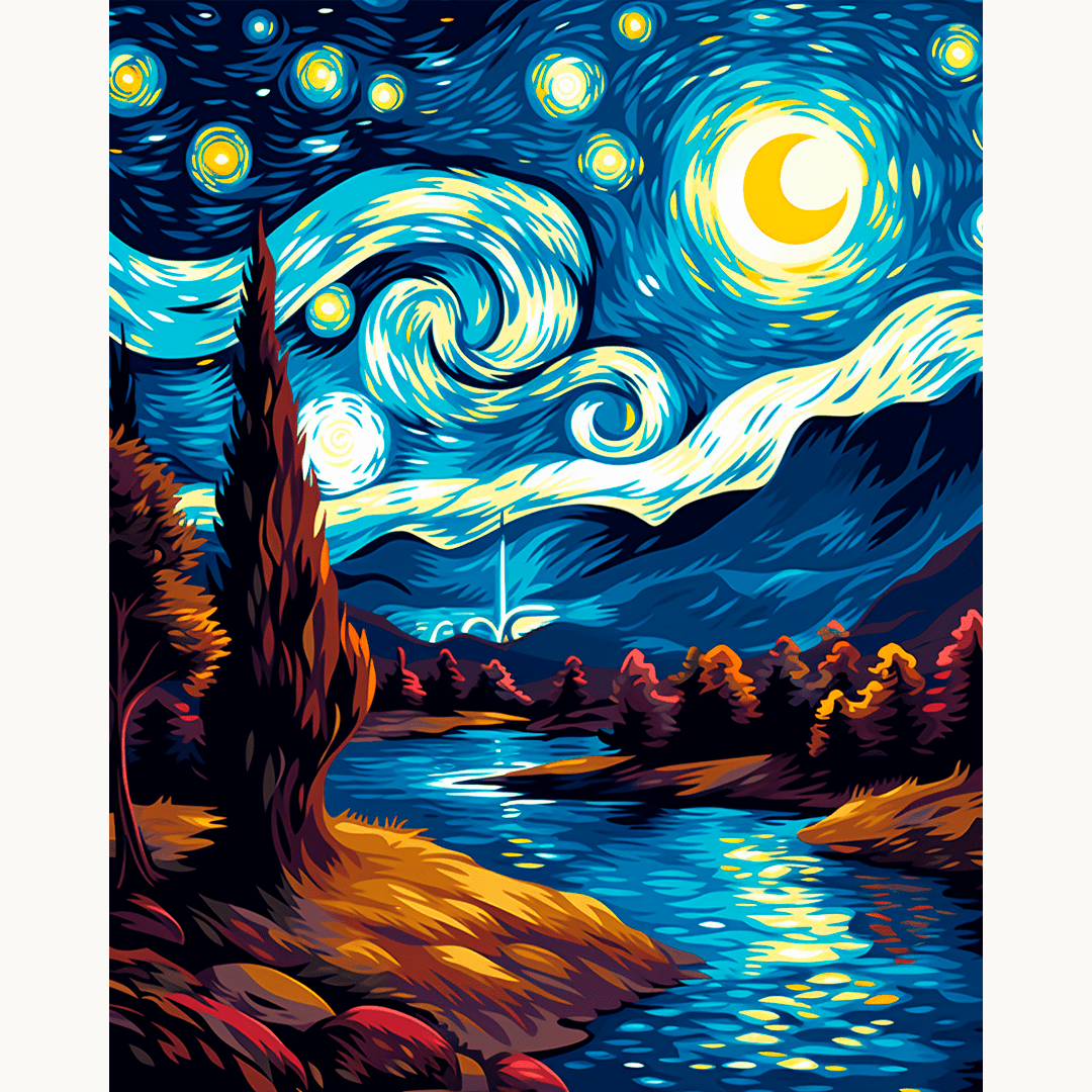 A vibrant nighttime landscape poster, featuring a swirling galaxy above a valley of mountains with trees, under a full moon..
