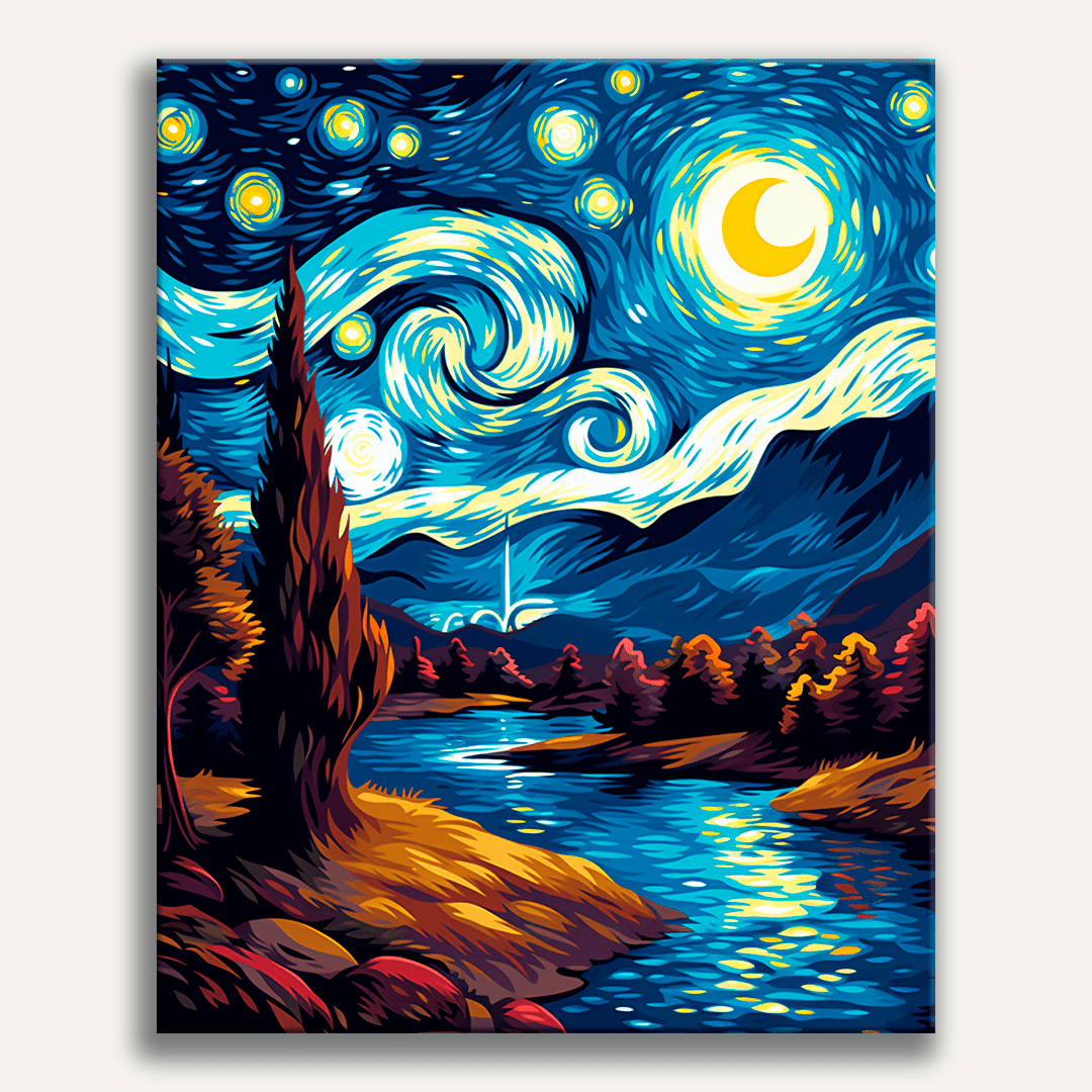 A vibrant nighttime landscape poster, featuring a swirling galaxy above a valley of mountains with trees, under a full moon..