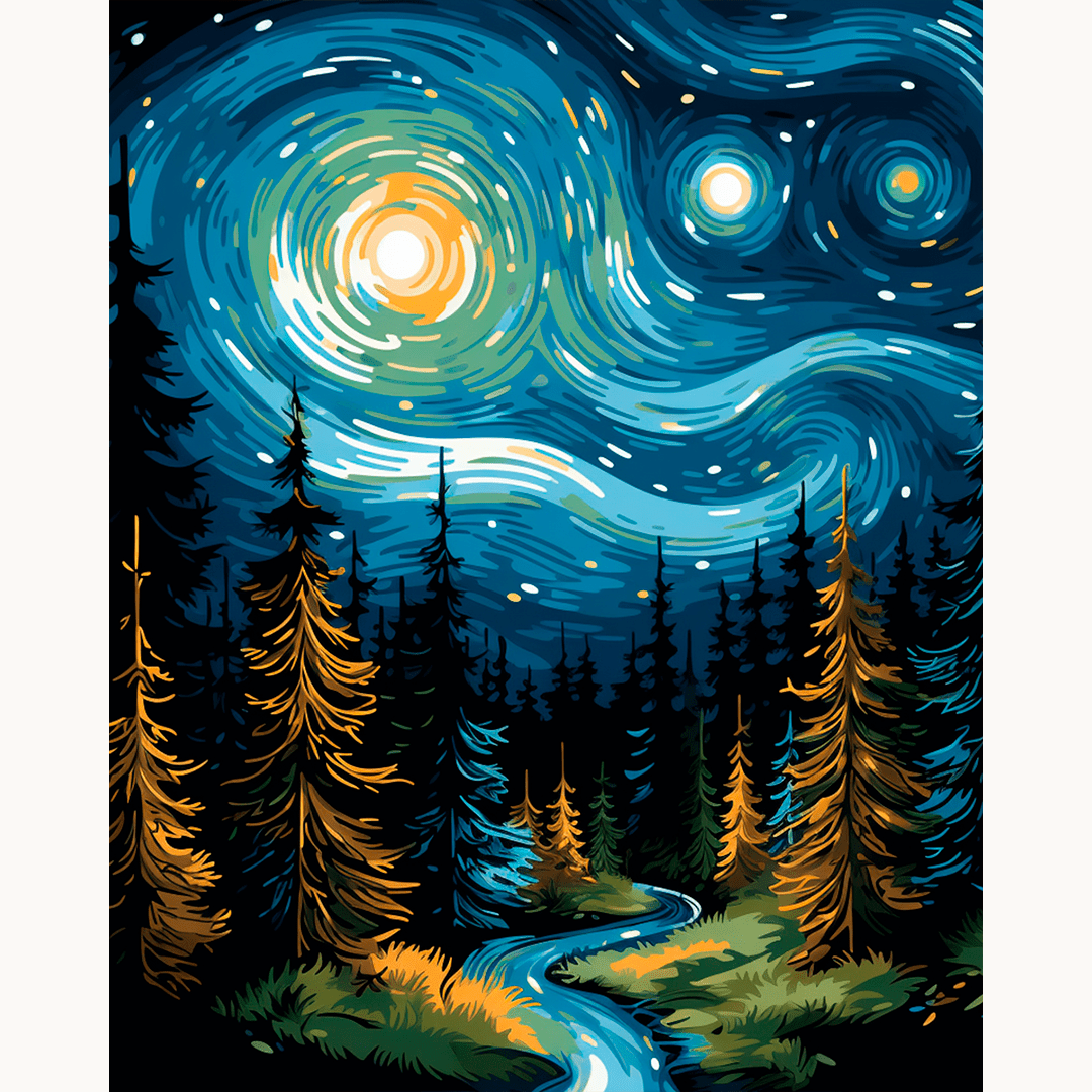 A night scene of a forest under a starry sky.