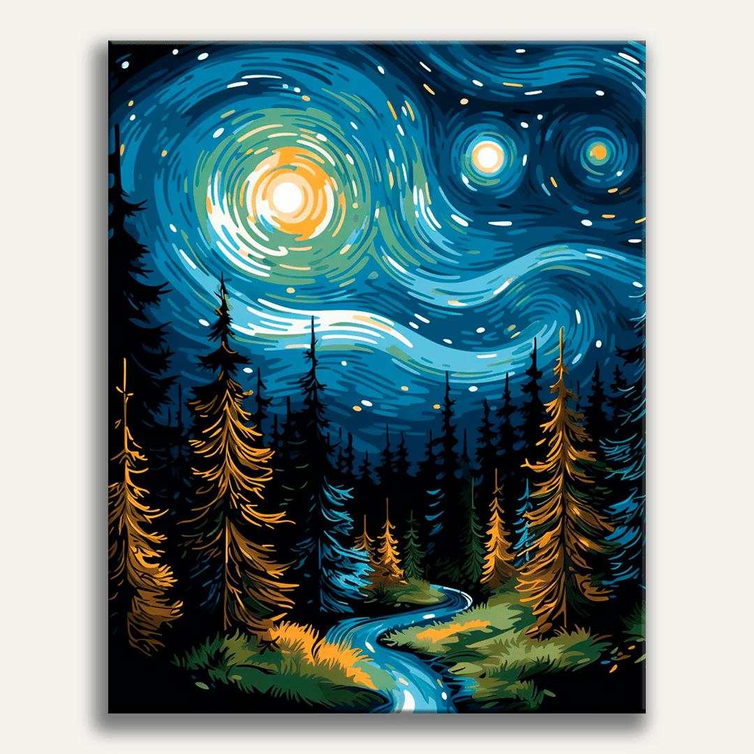 A night scene of a forest under a starry sky.