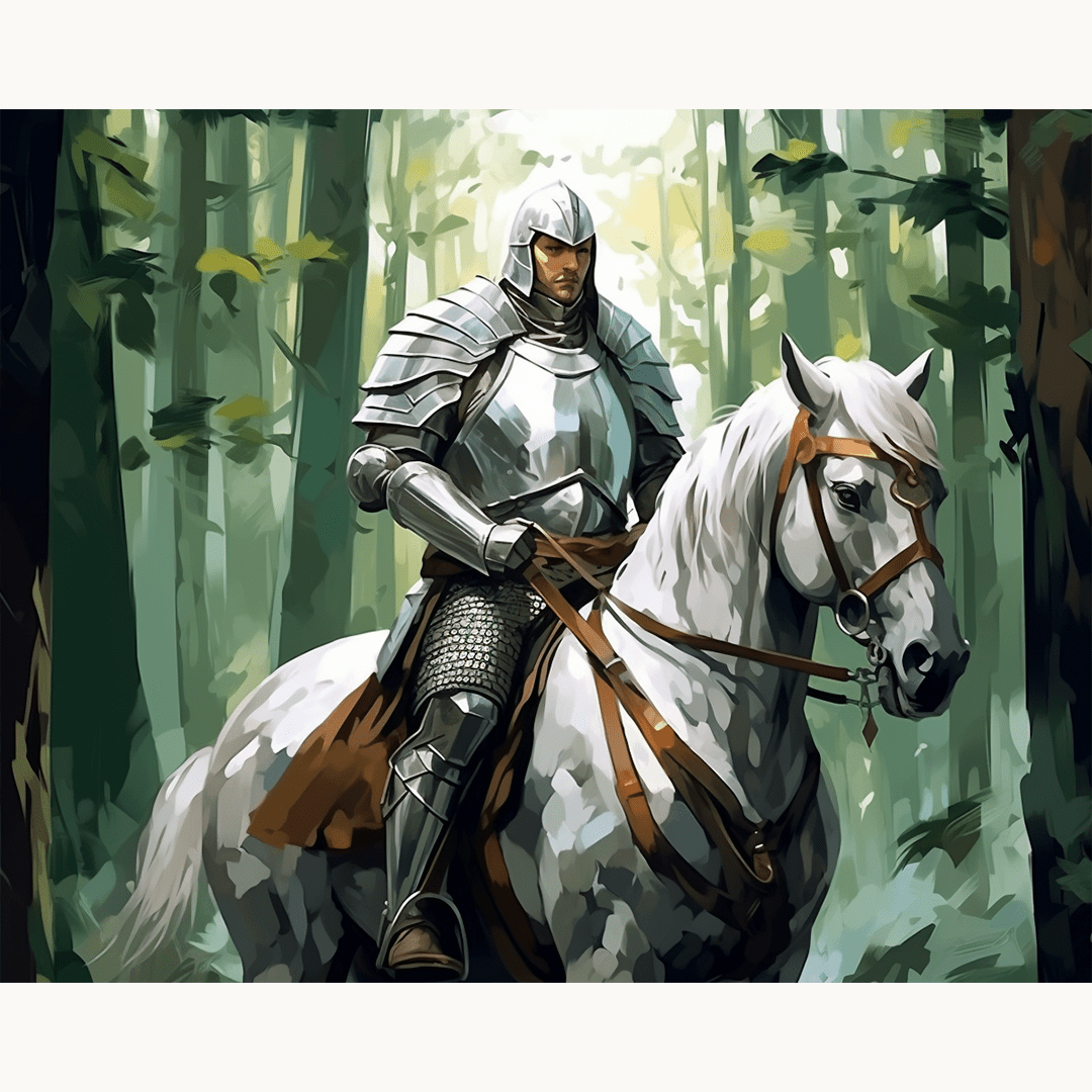 A man in a historical armor suit rides a horse through a forest clearing.