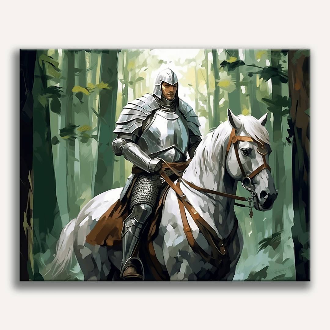 A man in a historical armor suit rides a horse through a forest clearing.