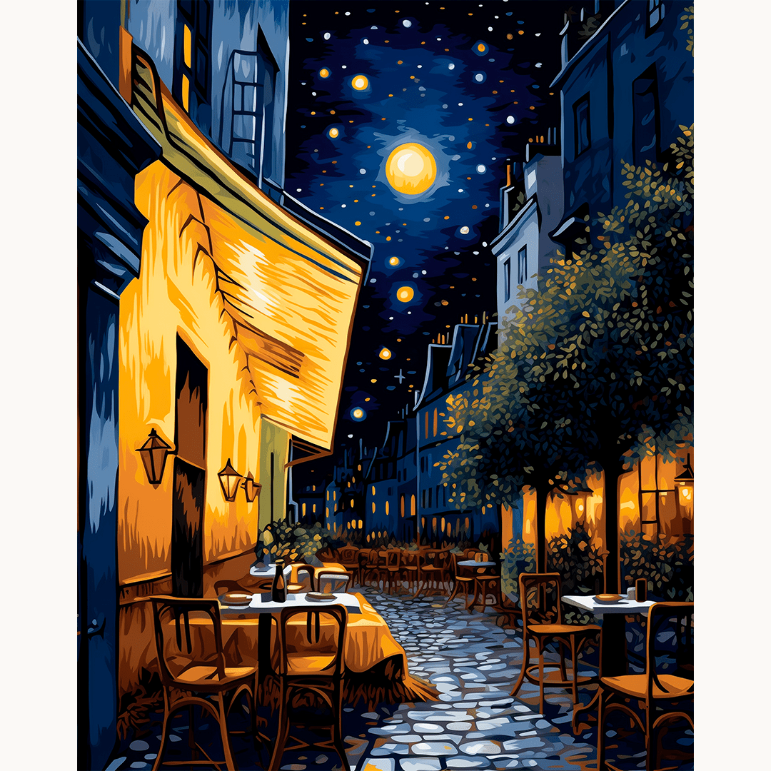 A vibrant nighttime scene unfolds: a street-side café nestled under a full moon, where patrons are engaged in conversation over their drinks on an outdoor terrace, bathed in the ambient glow from the street lamps..