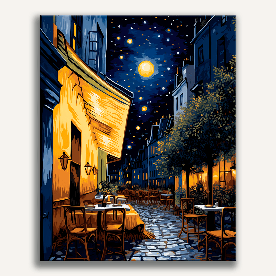 A vibrant nighttime scene unfolds: a street-side café nestled under a full moon, where patrons are engaged in conversation over their drinks on an outdoor terrace, bathed in the ambient glow from the street lamps..