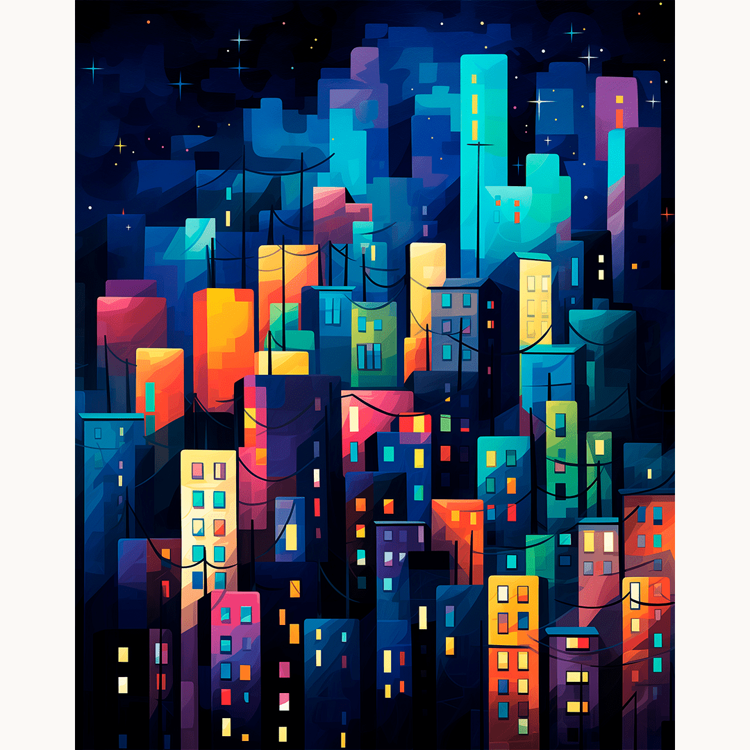 This is an illustration depicting a vibrant cityscape at night.