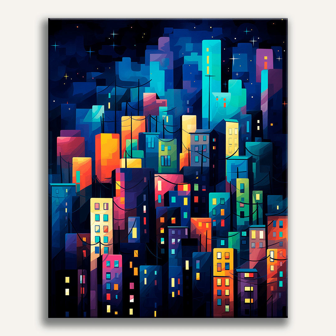 This is an illustration depicting a vibrant cityscape at night.