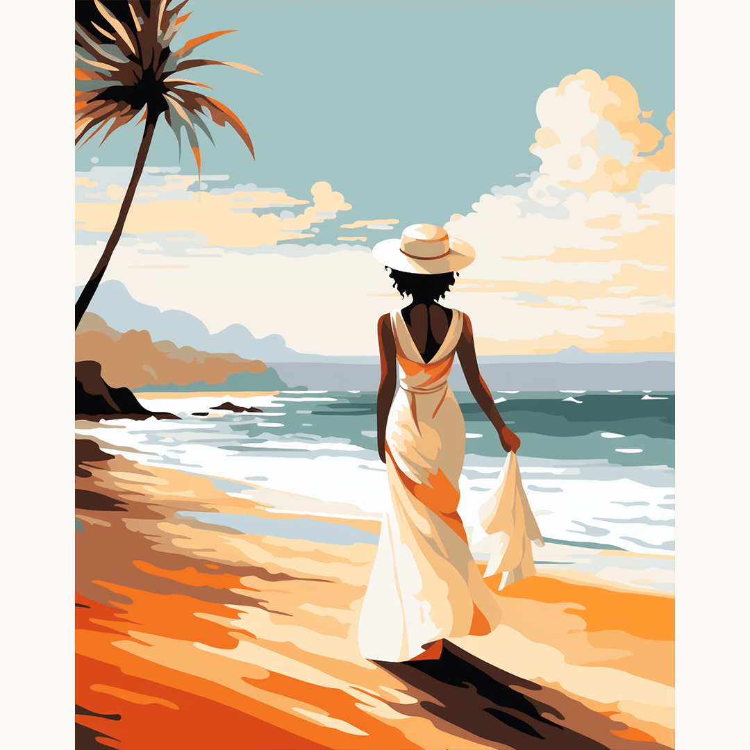 A colorful illustration featuring a person walking on a sandy beach towards the ocean.