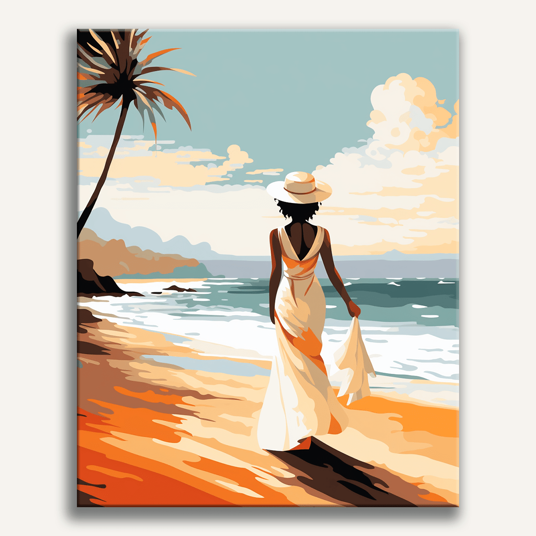 A colorful illustration featuring a person walking on a sandy beach towards the ocean.