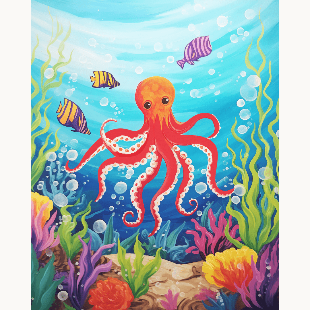 A vibrant underwater scene showcases a playful octopus swimming amidst colorful coral and tropical fish.