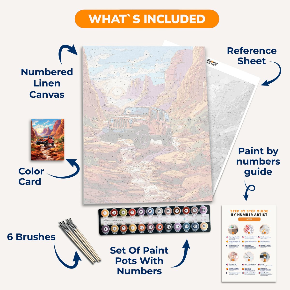 The image features a vibrant landscape dominated by red rock formations and desert vegetation.