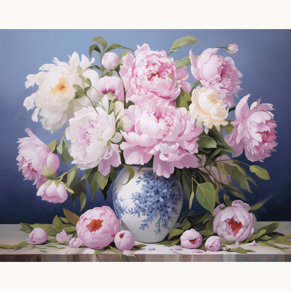 The image showcases a vase brimming with vibrant flowers against a serene blue background.