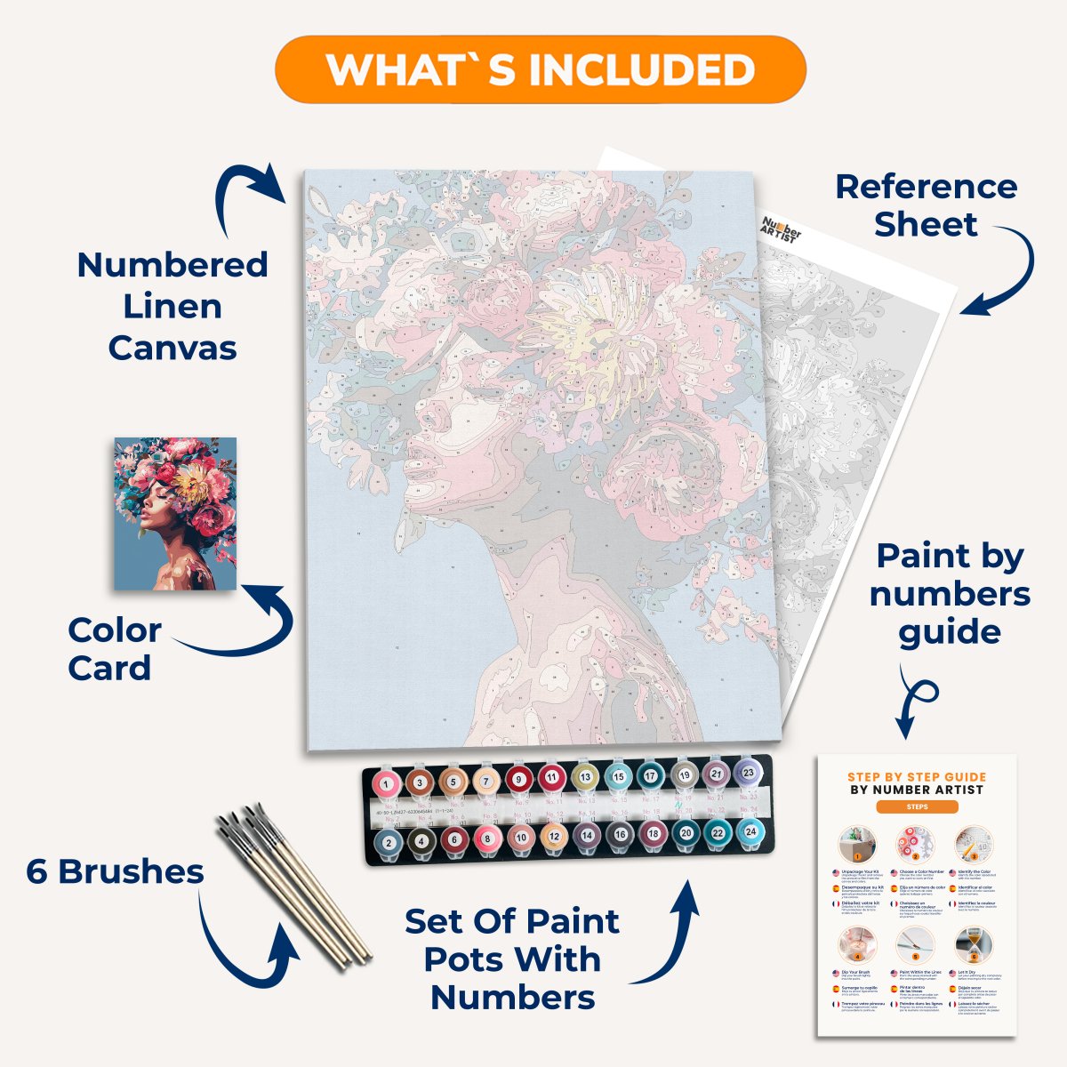 The image showcases a woman adorned with vibrant floral crowns and colorful flowers, covering her hair.