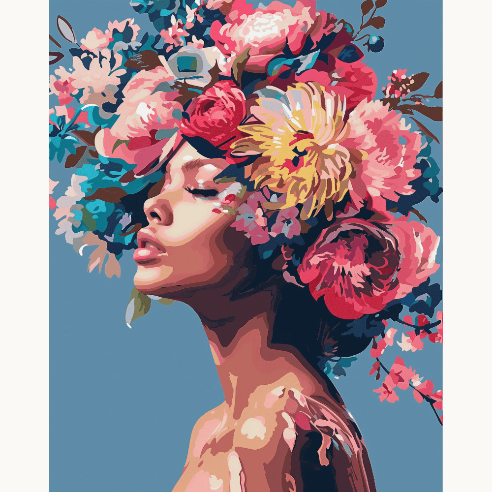 The image showcases a woman adorned with vibrant floral crowns and colorful flowers, covering her hair.