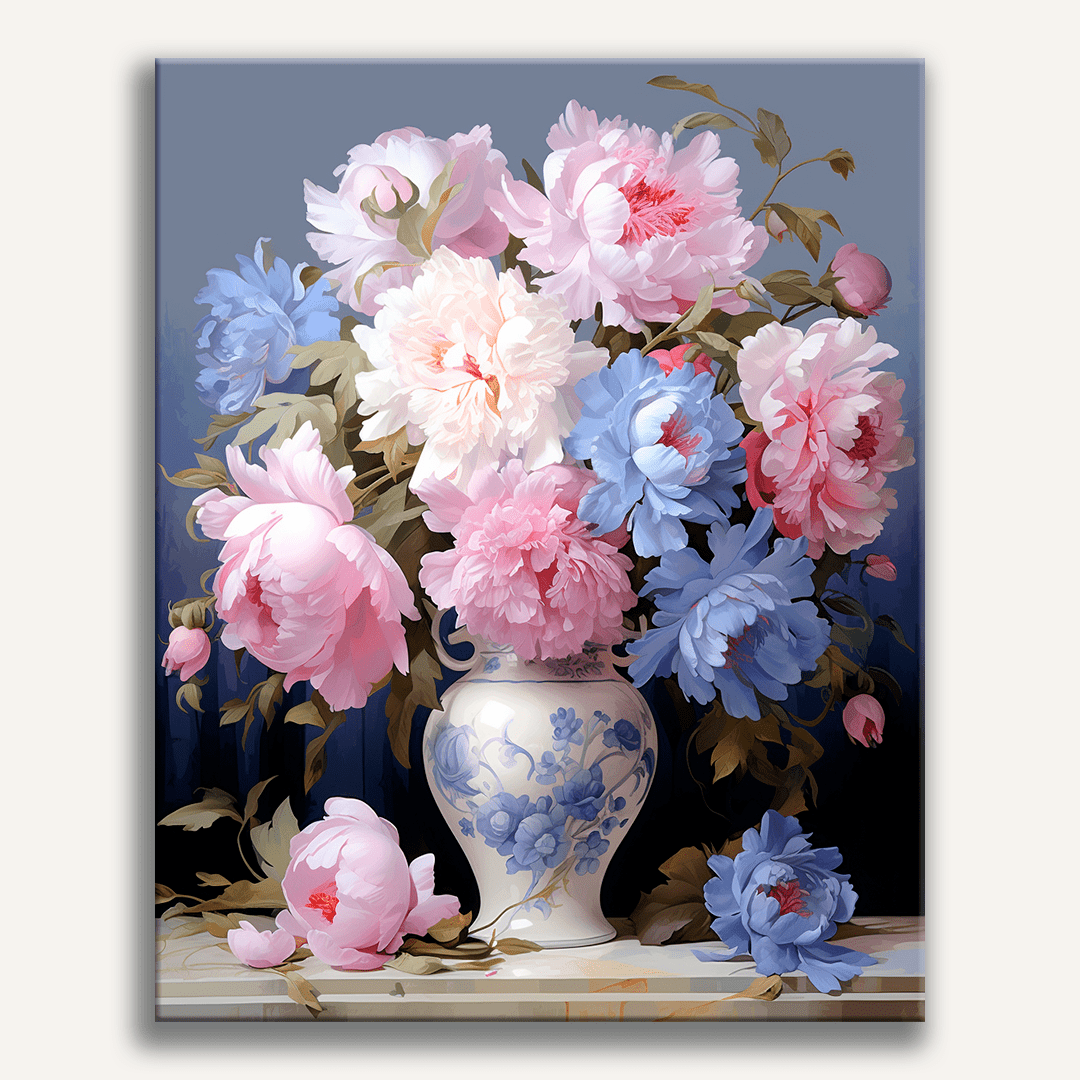 This is a digital art print depicting a still life floral arrangement with various flowers and leaves, rendered with attention to detail and shading, set against a dark background that contrasts with the vibrant colors of the blooms..