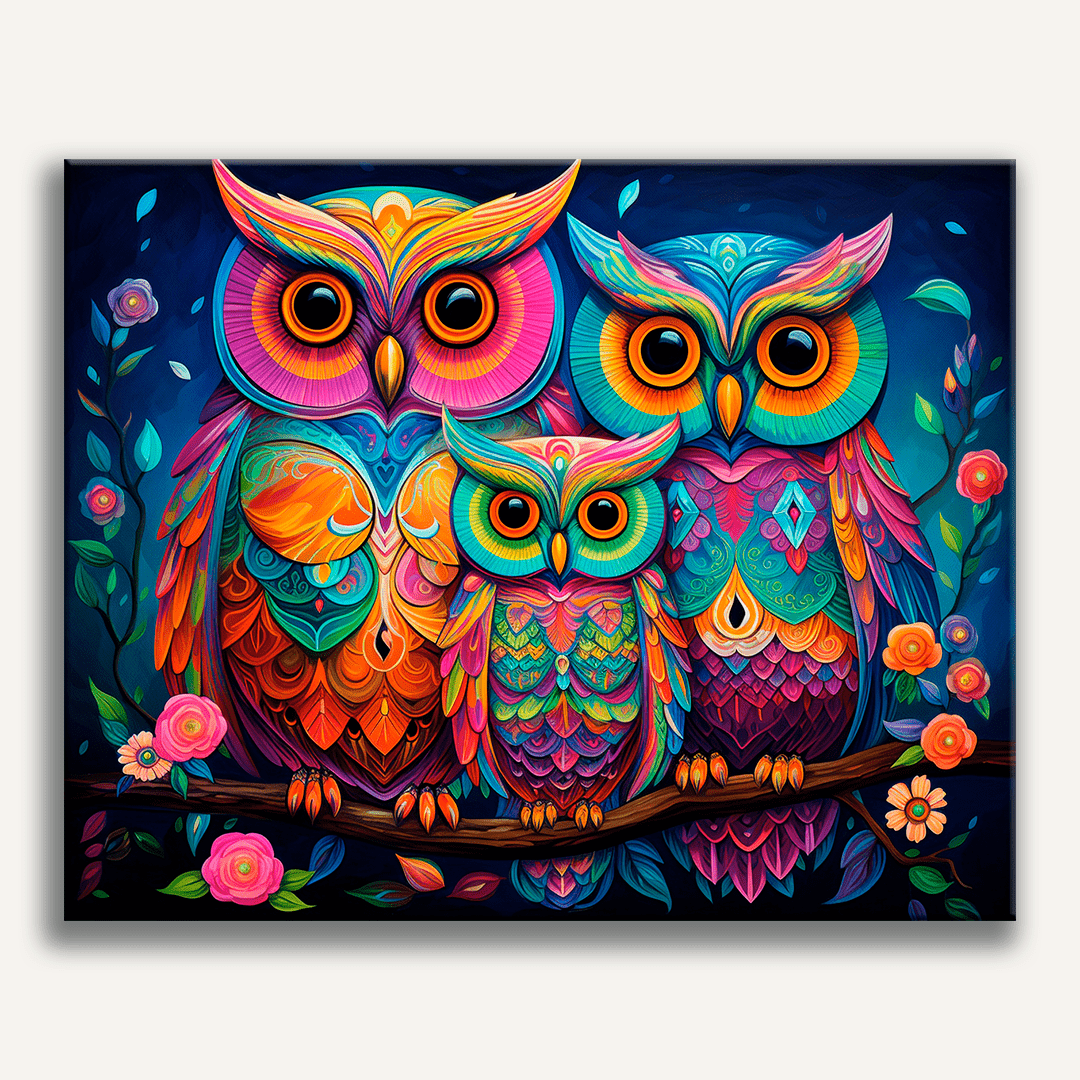 In the image, a trio of vibrant owls is perched on a branch against a dark night sky.