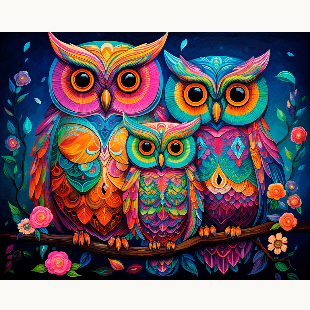 In the image, a trio of vibrant owls is perched on a branch against a dark night sky.
