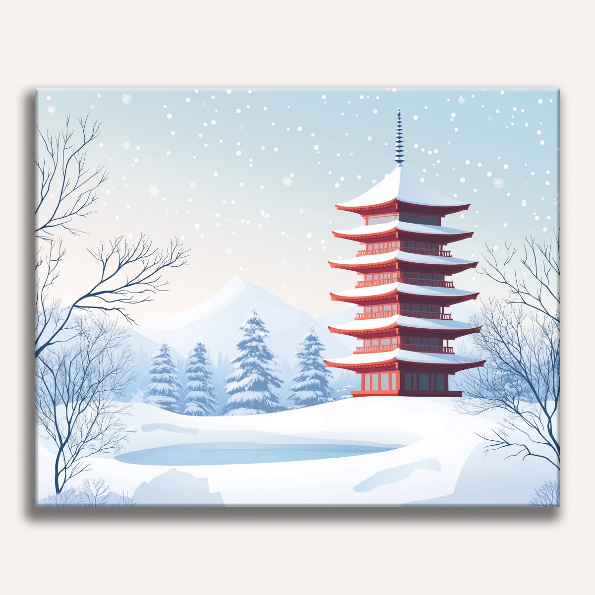 In the image, a tall red Japanese pagoda stands prominently against a backdrop of snow-covered mountains and trees.