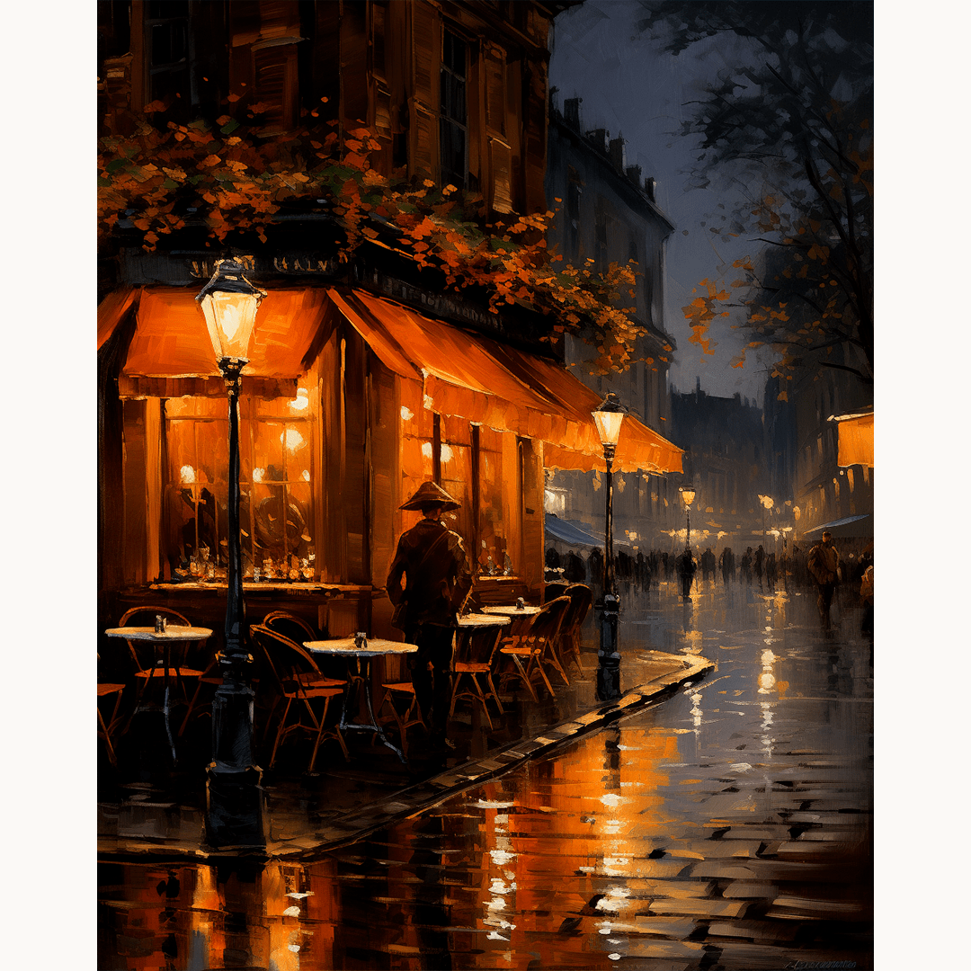 A city street at night, a man sits at an outdoor café table under a red canopy awning.