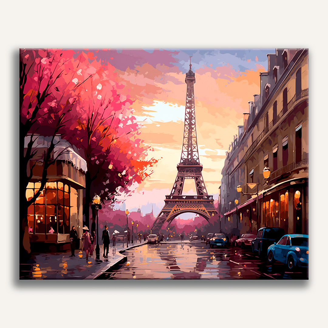 In the tranquil cityscape, the Eiffel Tower stands tall against the backdrop of a pinkish-orange sky at sunset.