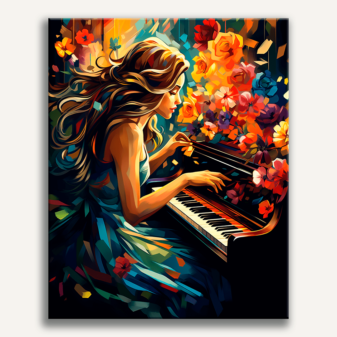 A digital artwork features a young woman playing a grand piano, her fingers deftly pressing keys as she engages with the music.