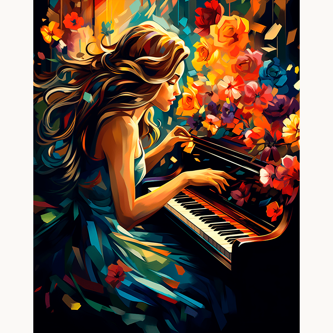 A digital artwork features a young woman playing a grand piano, her fingers deftly pressing keys as she engages with the music.