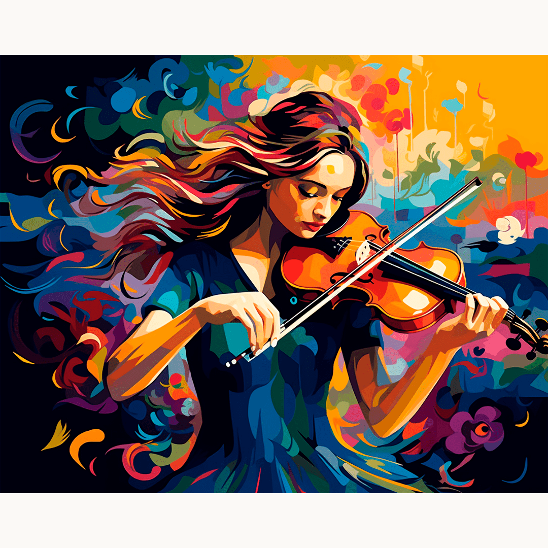 The image depicts a young woman playing a violin.